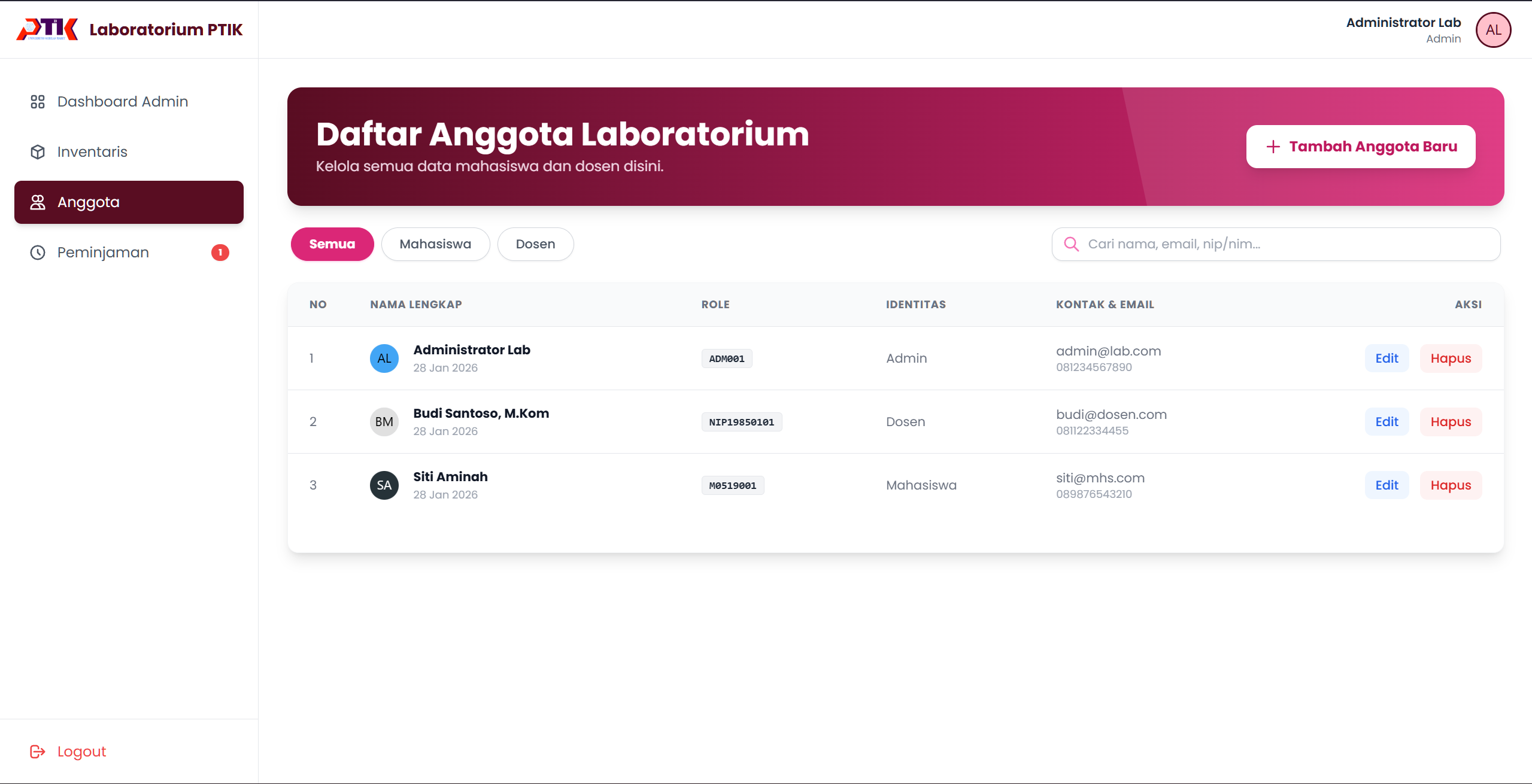 PTIK Laboratory Management System screenshot 1